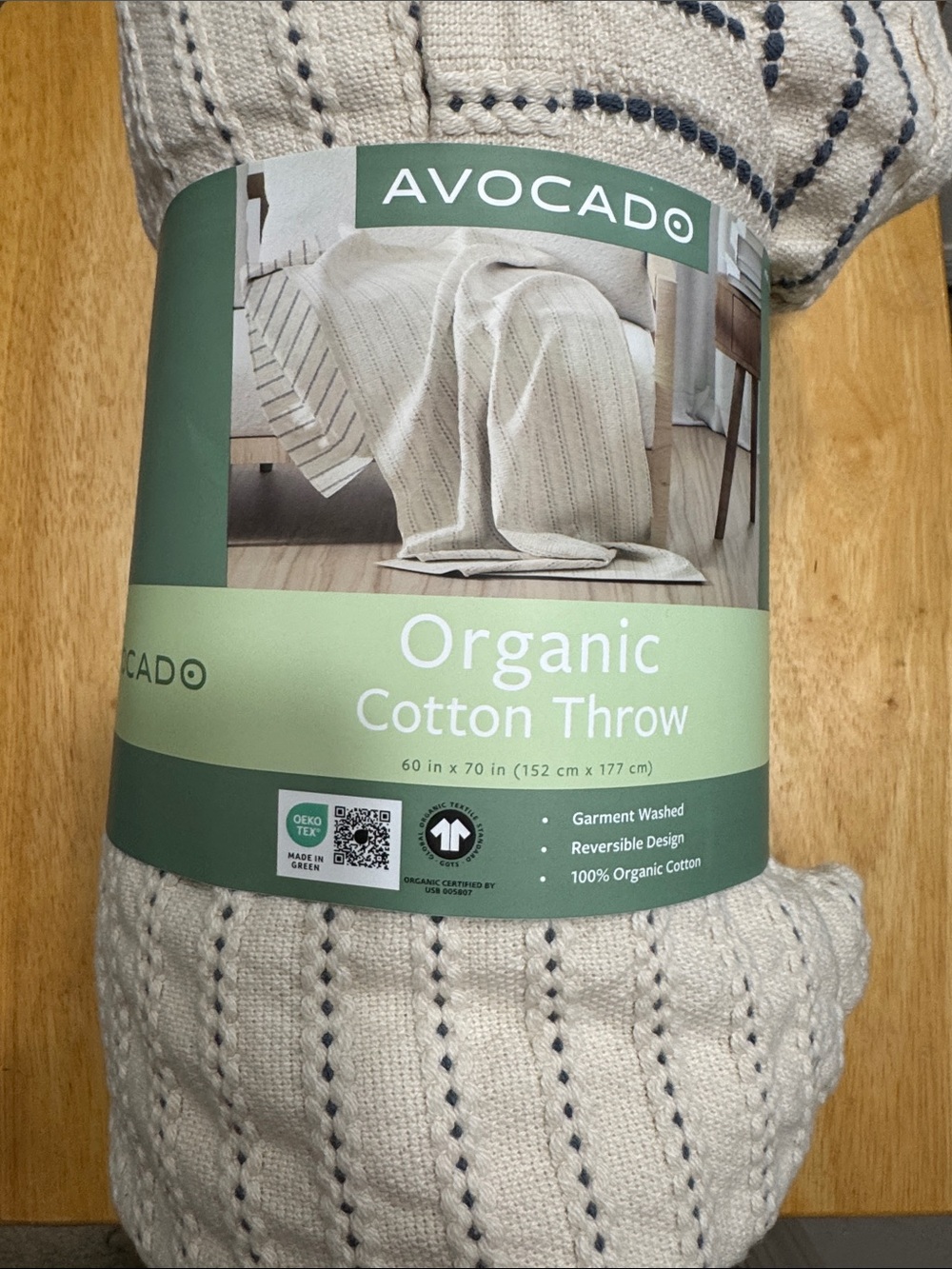 Avocado Cream Organic Cotton Throw with Blue Stitching